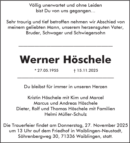 Traueranzeige von Werner Höschele von Leonberger Kreiszeitung / Strohgäu Extra