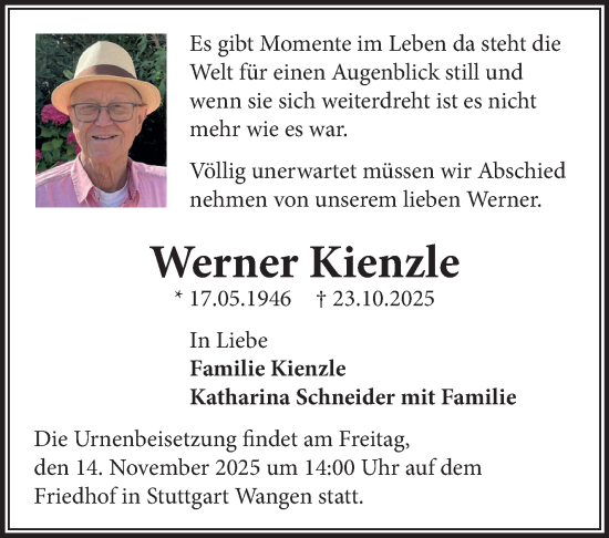 Traueranzeige von Werner Kienzle von Stuttgarter Zeitung / Stuttgarter Nachrichten