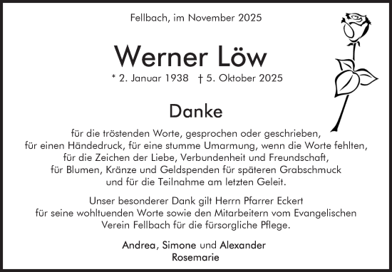 Traueranzeige von Werner Löw von Stuttgarter Zeitung / Stuttgarter Nachrichten