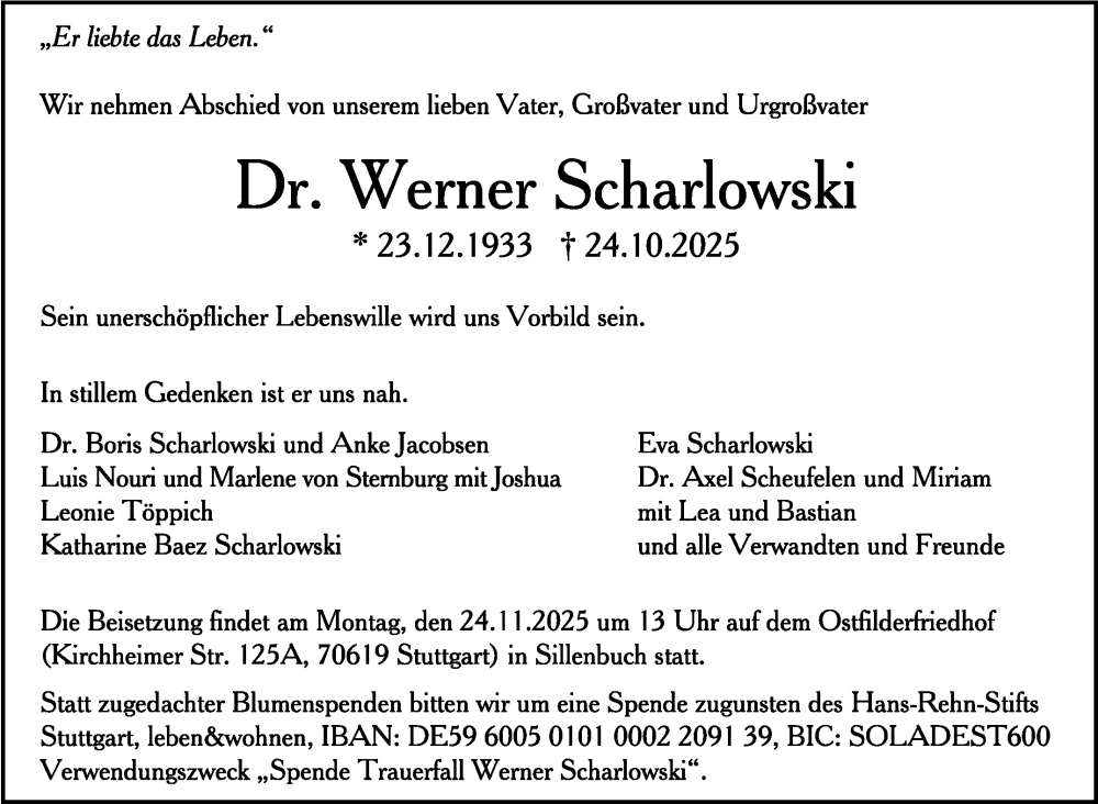  Traueranzeige für Werner Scharlowski vom 22.11.2025 aus Stuttgarter Zeitung / Stuttgarter Nachrichten