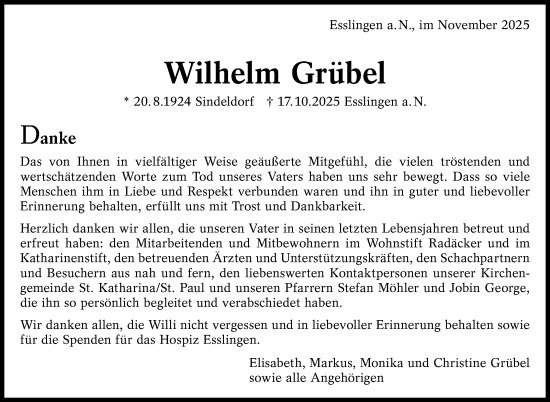 Traueranzeige von Wilhelm Grübel von Eßlinger Zeitung