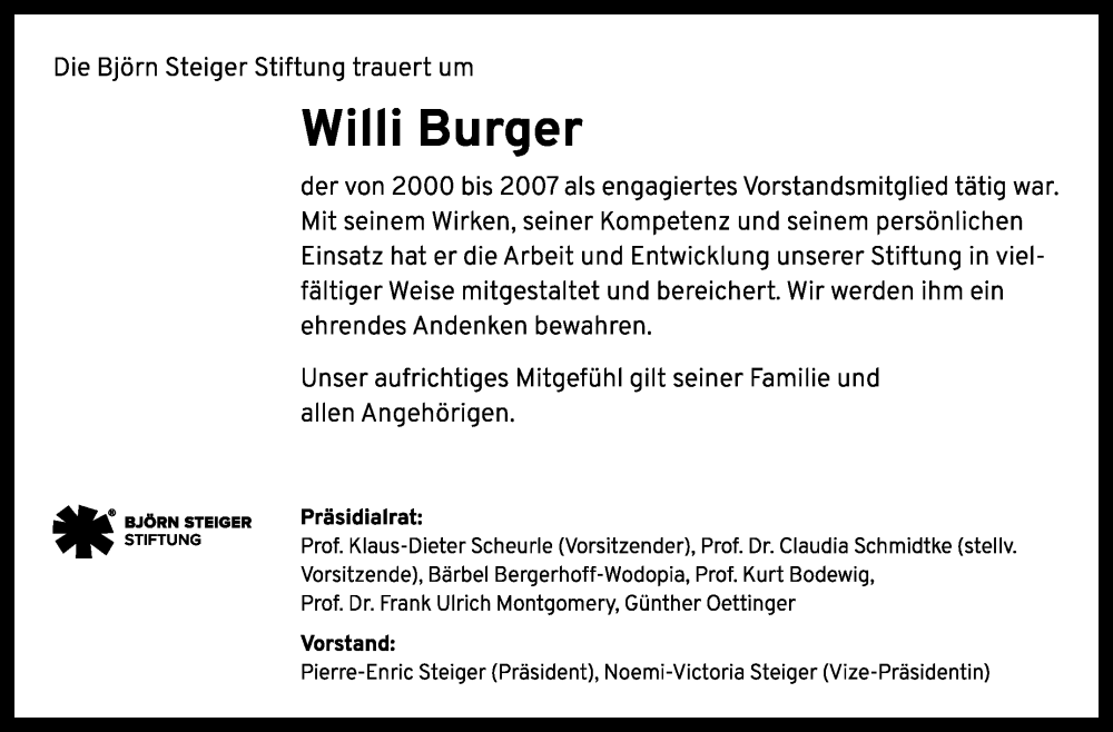  Traueranzeige für Willi Burger vom 06.11.2025 aus Leonberger Kreiszeitung / Strohgäu Extra