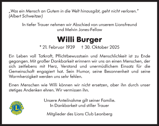 Traueranzeige von Willi Burger von Leonberger Kreiszeitung / Strohgäu Extra