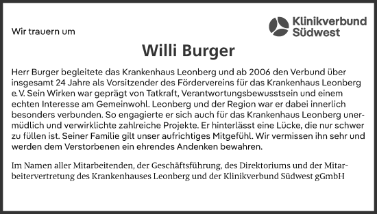 Traueranzeige von Willi Burger von Leonberger Kreiszeitung / Strohgäu Extra