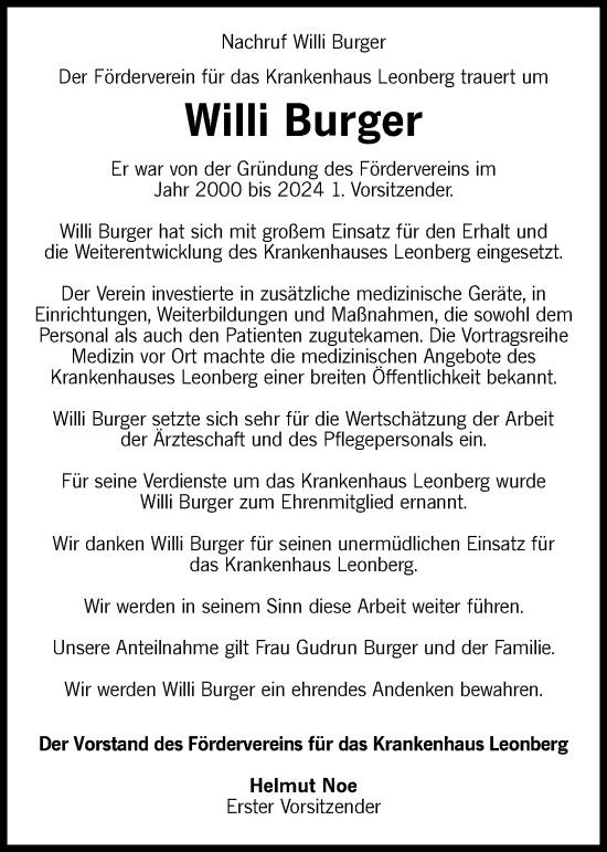 Traueranzeige von Willi Burger von Leonberger Kreiszeitung / Strohgäu Extra