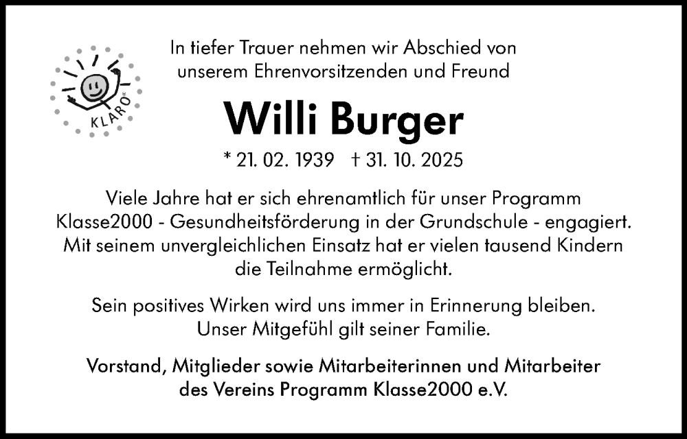  Traueranzeige für Willi Burger vom 08.11.2025 aus Leonberger Kreiszeitung / Strohgäu Extra