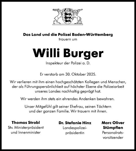 Traueranzeige von Willi Burger von Leonberger Kreiszeitung / Strohgäu Extra