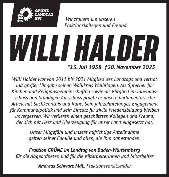 Traueranzeige von Willi Halder von Stuttgarter Zeitung / Stuttgarter Nachrichten