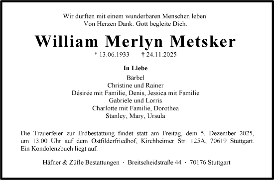 Traueranzeige von William Merlyn Metsker von Stuttgarter Zeitung / Stuttgarter Nachrichten