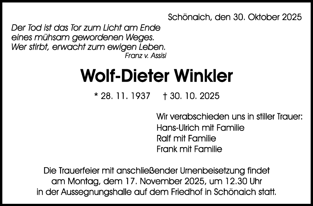  Traueranzeige für Wolf-Dieter Winkler vom 13.11.2025 aus Kreiszeitung Böblinger Bote