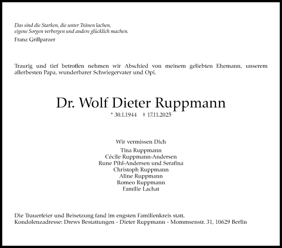 Traueranzeige von Wolf Dieter Ruppmann von Stuttgarter Zeitung / Stuttgarter Nachrichten