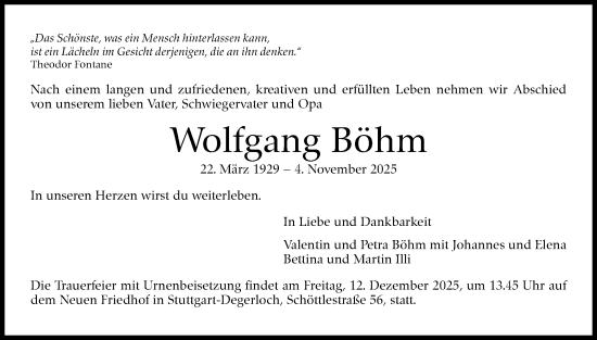 Traueranzeige von Wolfgang Böhm von Stuttgarter Zeitung / Stuttgarter Nachrichten