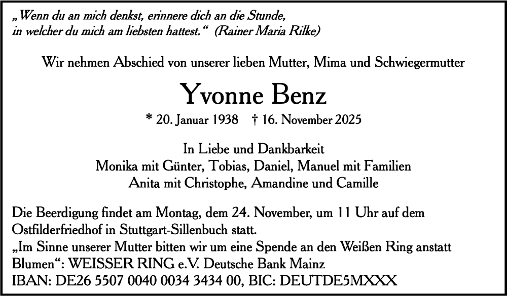  Traueranzeige für Yvonne Benz vom 22.11.2025 aus Stuttgarter Zeitung / Stuttgarter Nachrichten