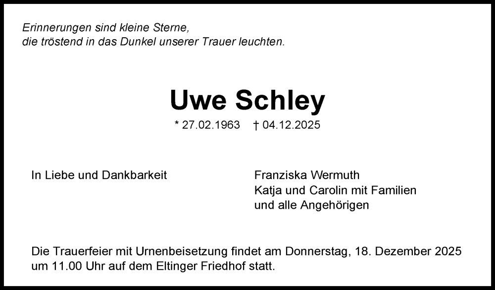  Traueranzeige für Uwe Schley vom 15.12.2025 aus Leonberger Kreiszeitung