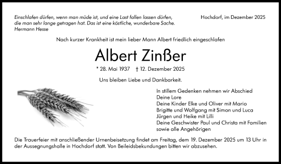 Traueranzeige von Albert Zinßer von Eßlinger Zeitung