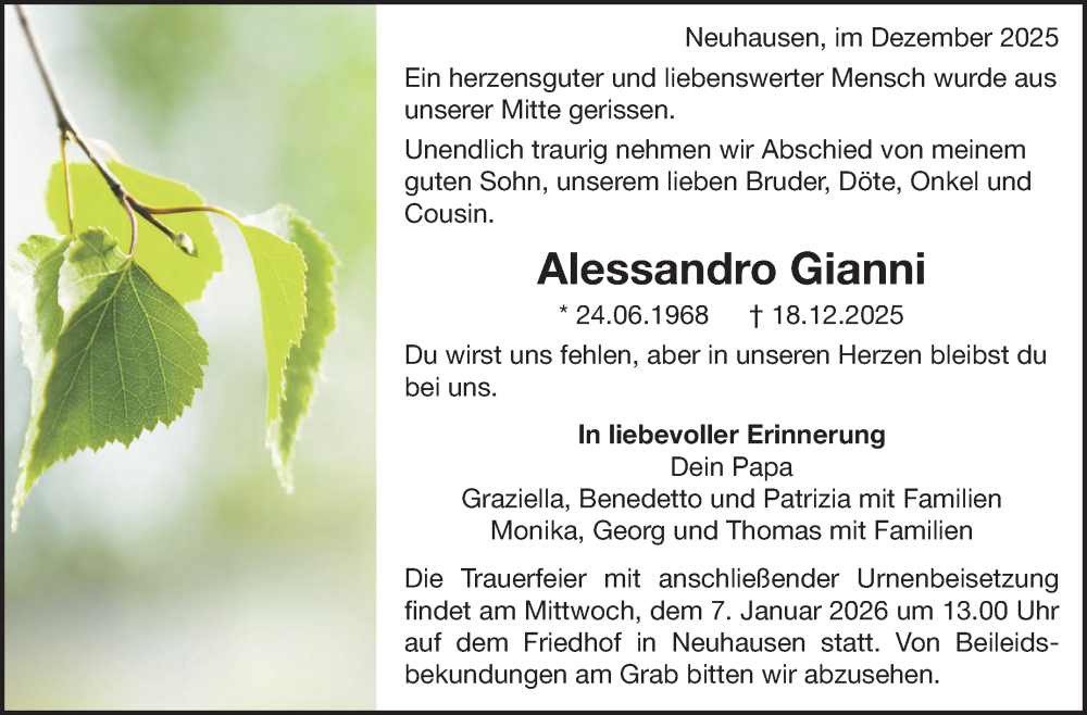  Traueranzeige für Alessandro Gianni vom 29.12.2025 aus Eßlinger Zeitung