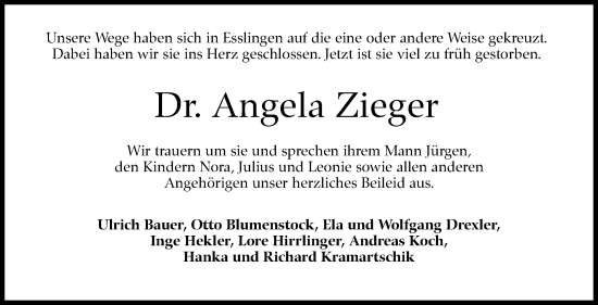 Traueranzeige von Angela Zieger von Eßlinger Zeitung