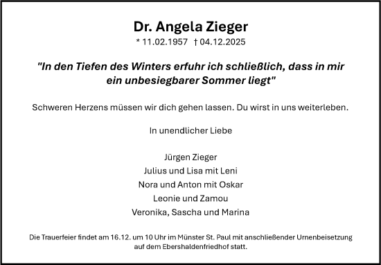 Traueranzeige von Angela Zieger von Eßlinger Zeitung