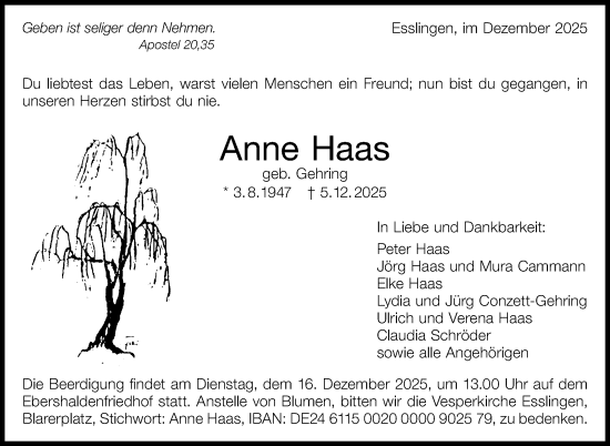Traueranzeige von Anne Haas von Eßlinger Zeitung
