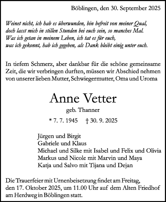 Traueranzeige von Anne Vetter von Kreiszeitung Böblinger Bote