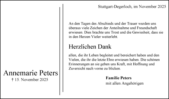 Traueranzeige von Annemarie Peters von Stuttgarter Zeitung / Stuttgarter Nachrichten
