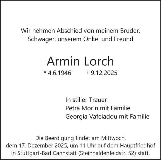 Traueranzeige von Armin Lorch von Stuttgarter Zeitung / Stuttgarter Nachrichten