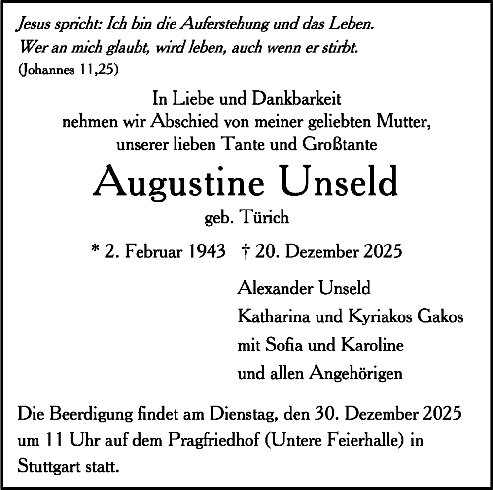  Traueranzeige für Augustine Unseld vom 27.12.2025 aus Stuttgarter Zeitung / Stuttgarter Nachrichten