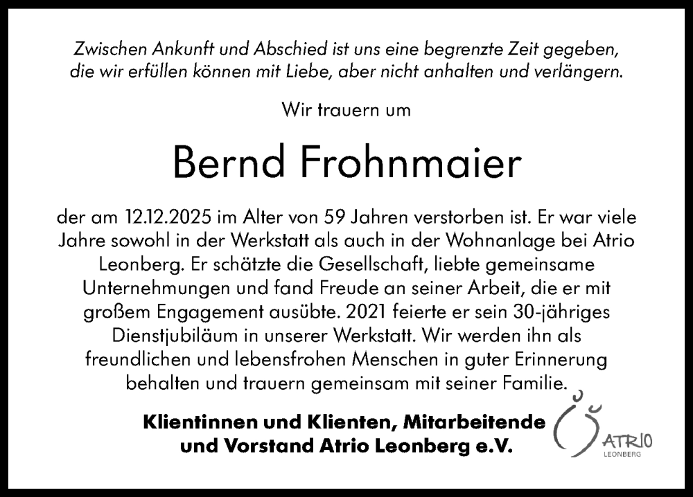  Traueranzeige für Bernd Frohnmaier vom 20.12.2025 aus Leonberger Kreiszeitung / Strohgäu Extra