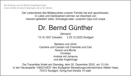 Traueranzeige von Bernd Günther von Stuttgarter Zeitung / Stuttgarter Nachrichten