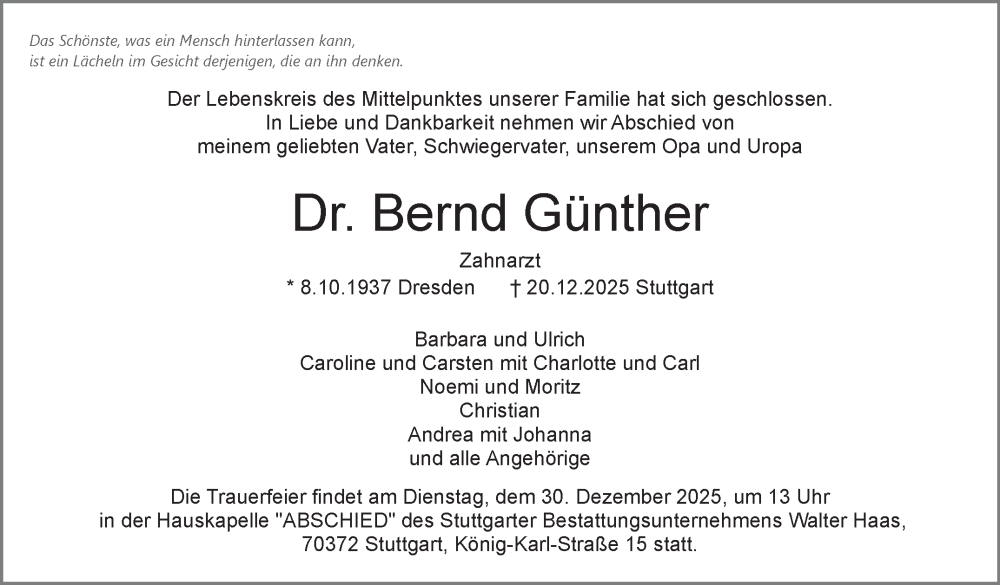 Traueranzeige für Bernd Günther vom 27.12.2025 aus Stuttgarter Zeitung / Stuttgarter Nachrichten