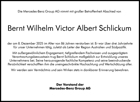 Traueranzeige von Bernt Wilhelm Victor Albert Schlickum von Stuttgarter Zeitung / Stuttgarter Nachrichten