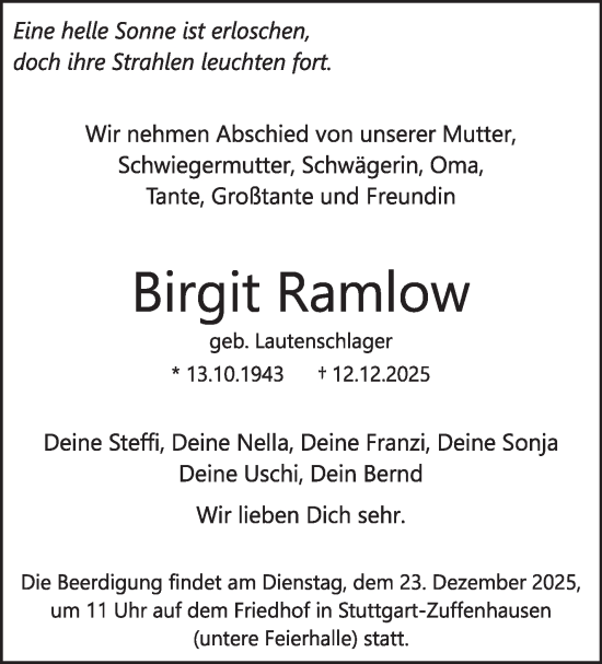 Traueranzeige von Birgit Ramlow von Stuttgarter Zeitung / Stuttgarter Nachrichten