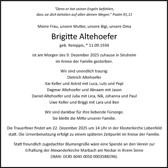 Traueranzeige von Brigitte Altehoefer von Marbacher Zeitung