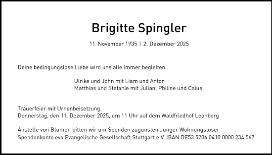 Traueranzeige von Brigitte Spingler von Leonberger Kreiszeitung / Strohgäu Extra