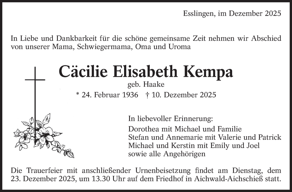  Traueranzeige für Cäcilie Elisabeth Kempa vom 13.12.2025 aus Eßlinger Zeitung