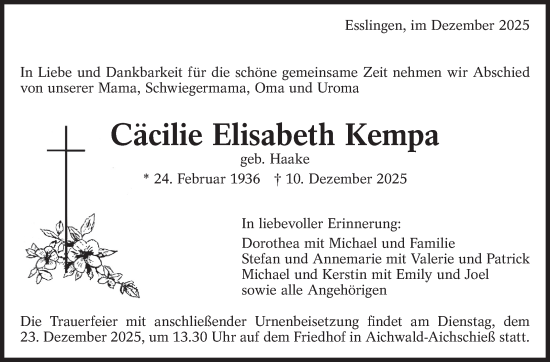 Traueranzeige von Cäcilie Elisabeth Kempa von Eßlinger Zeitung
