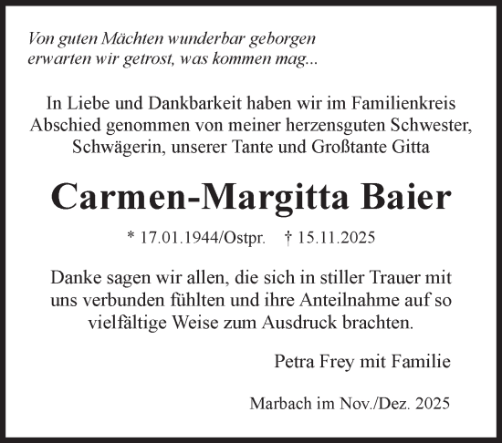 Traueranzeige von Carmen-Margitta Baier von Marbacher Zeitung