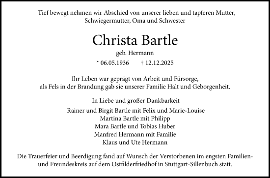 Traueranzeige von Christa Bartle von Stuttgarter Zeitung / Stuttgarter Nachrichten