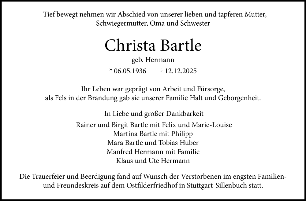  Traueranzeige für Christa Bartle vom 20.12.2025 aus Stuttgarter Zeitung / Stuttgarter Nachrichten
