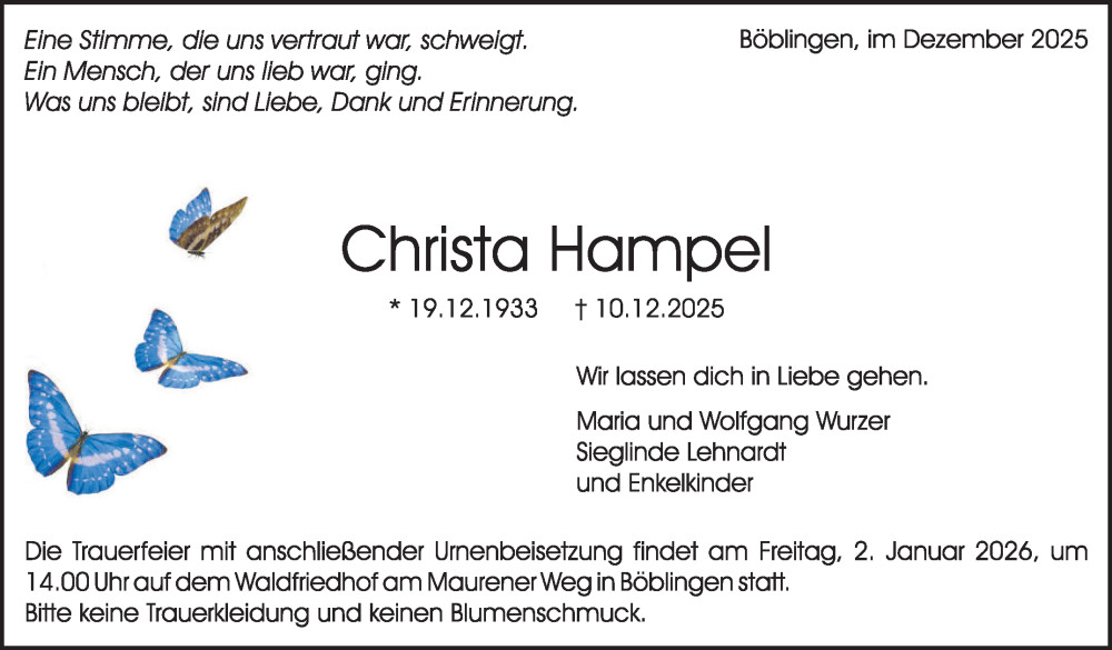  Traueranzeige für Christa Hampel vom 19.12.2025 aus Kreiszeitung Böblinger Bote