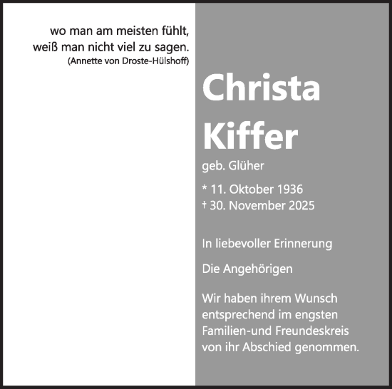 Traueranzeige von Christa Kiffer von Marbacher Zeitung