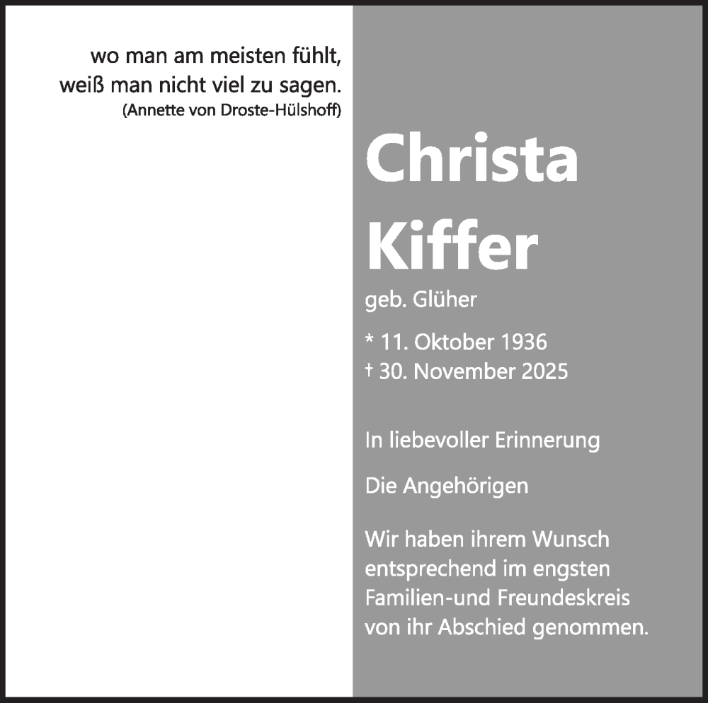  Traueranzeige für Christa Kiffer vom 17.12.2025 aus Marbacher Zeitung
