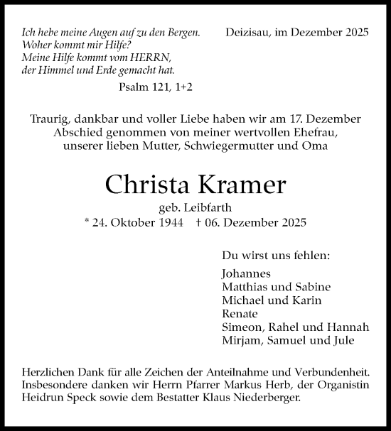 Traueranzeige von Christa Kramer von Eßlinger Zeitung