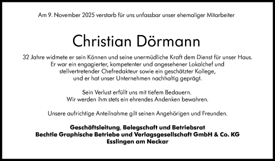 Traueranzeige von Christian Dörmann von Eßlinger Zeitung