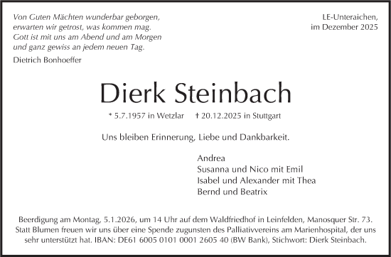 Traueranzeige von Dierk Steinbach von Eßlinger Zeitung