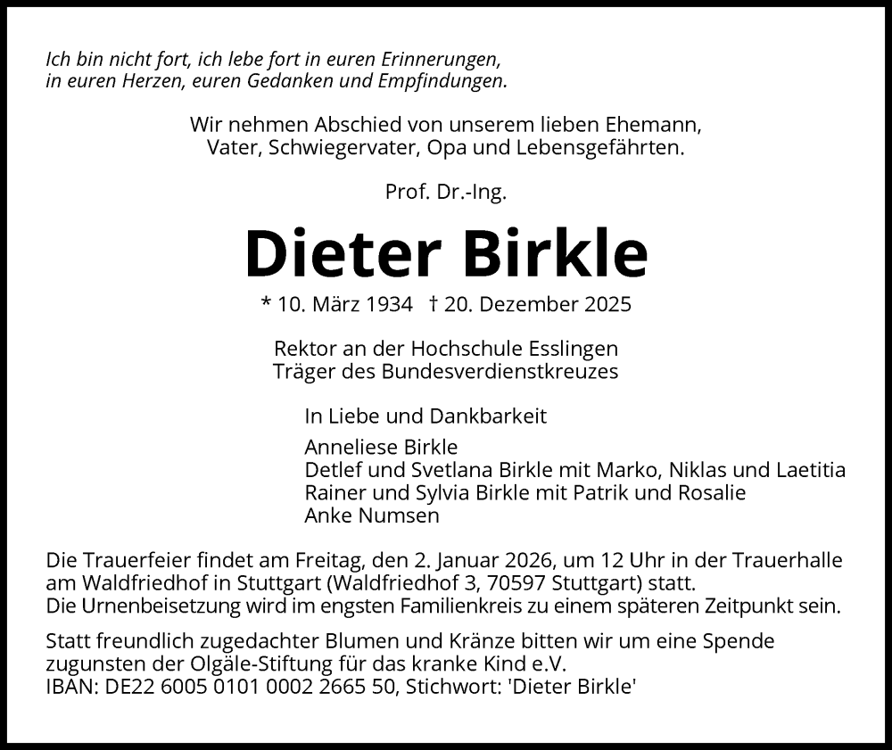  Traueranzeige für Dieter Birkle vom 29.12.2025 aus Stuttgarter Zeitung / Stuttgarter Nachrichten