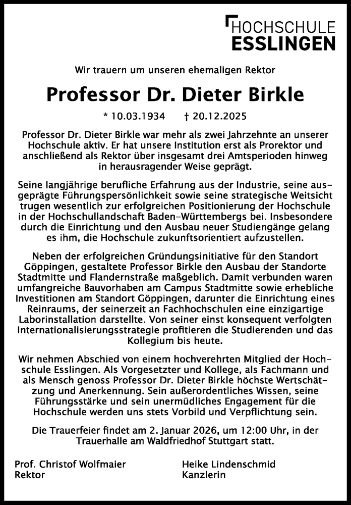  Traueranzeige für Dieter Birkle vom 30.12.2025 aus Eßlinger Zeitung