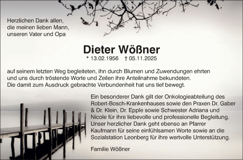  Traueranzeige für Dieter Wößner vom 11.12.2025 aus Leonberger Kreiszeitung / Strohgäu Extra