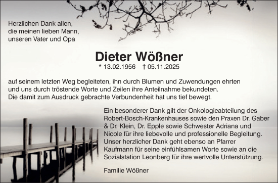 Traueranzeige von Dieter Wößner von Leonberger Kreiszeitung / Strohgäu Extra