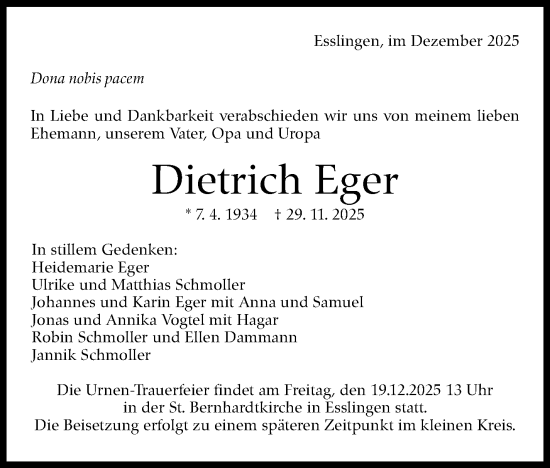 Traueranzeige von Dietrich Eger von Eßlinger Zeitung